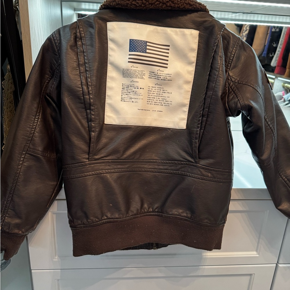 Brown Leather Aviator Bomber Jacket with Patches Top Gun size 8 - Picture 6 of 9